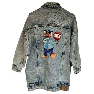Vintage 80’s Upcycled WHIPP Oversized Acid Wash Jean Jacket Sequins Donald Duck